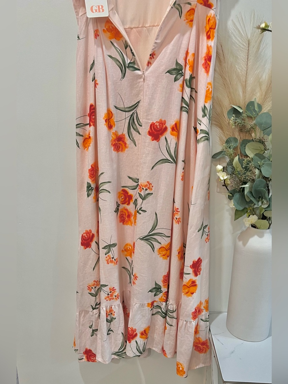 Gianni Bini Blush Maxi Dress with Orange Rose Print and Black Ties - Picture 11 of 14